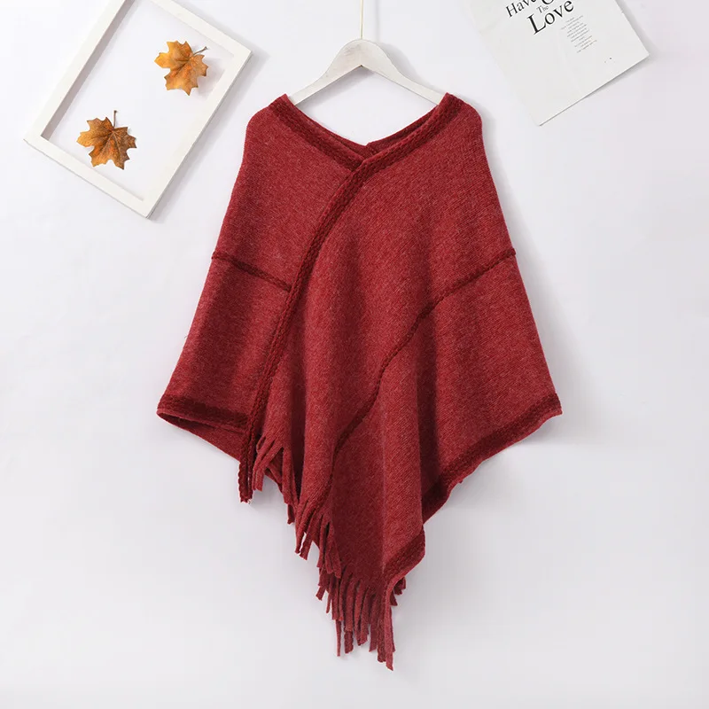 

Осенне-зимний вязаный шарф в национальном стиле из искусственного кроличьего меха Женский пуловер плащ с кисточками шаль Пончо Накидки красные