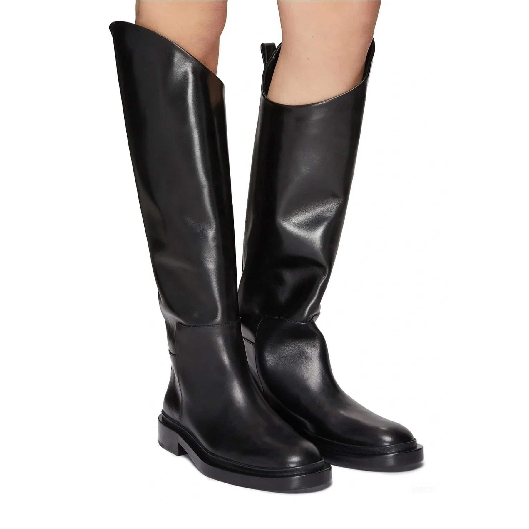 Cow Leather Chunky Med Heel Round Toe Riding Boots Winter Warm Casual Women Thigh High Boots