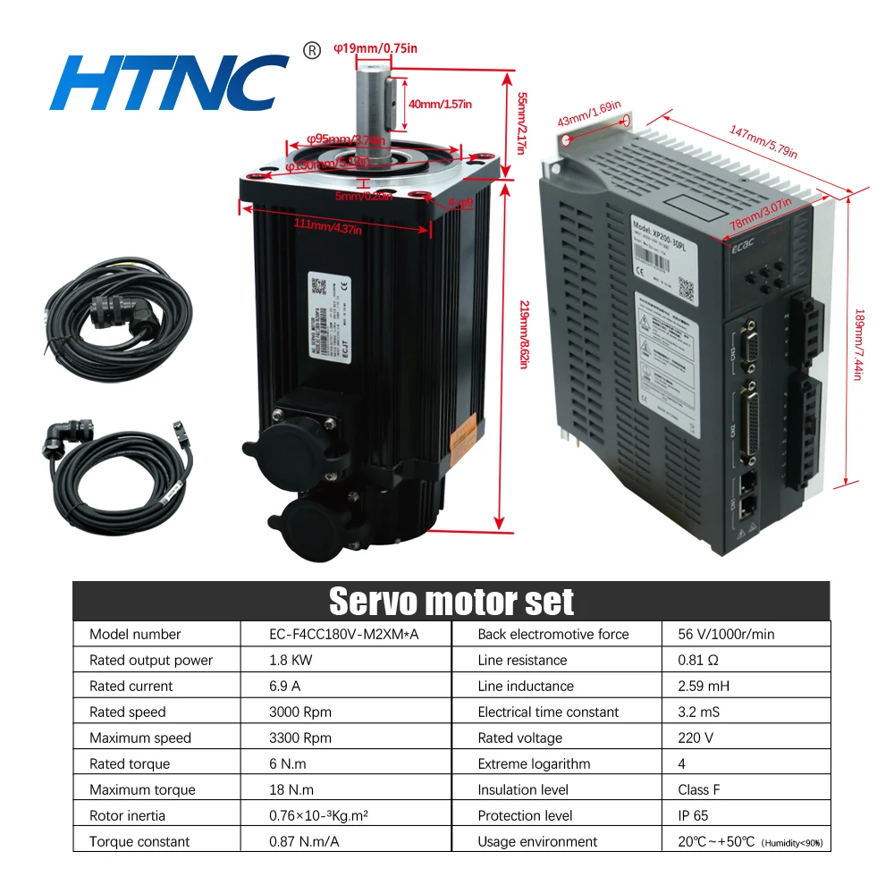Servomoteur CNC 1.8kW 6Nm 3000rpm avec frein, connecté à un variateur pour contrôle précis en impression 3D
