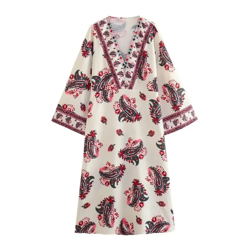 

Women's Summer Bohemia Dress 3/4 Sleeve V-Neck Retro Print Loose Midi Dress Casual Knee Length Dress