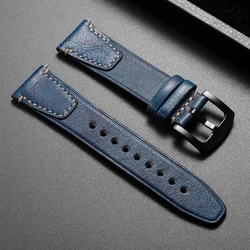 Vintage Brown Genuine Leather Watch Strap - Retro Rub Colour Calfskin with Quick Release - 22mm (Blue - Black)