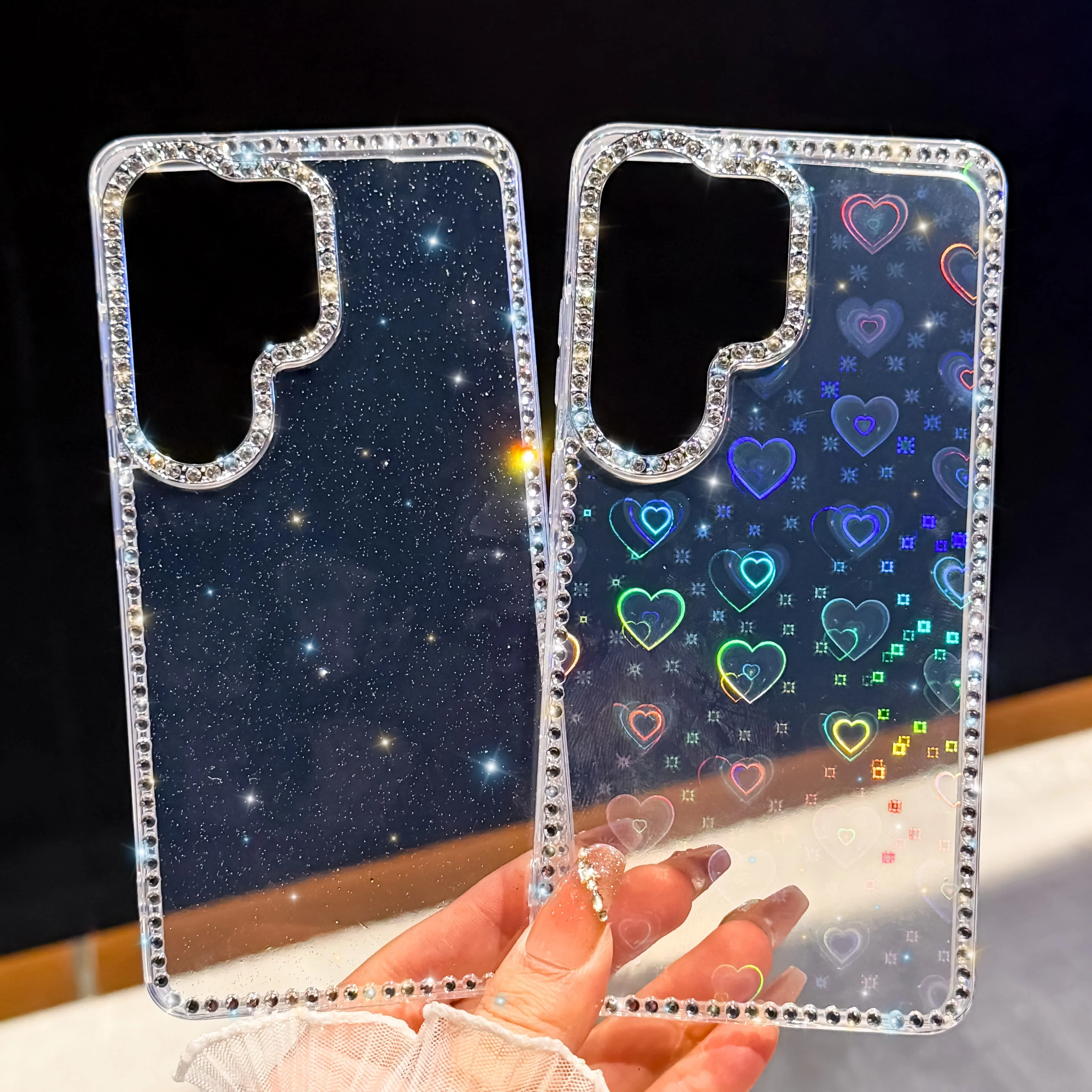 Diamond Love Heart Clear Phone Case with Crystal Strap Cover