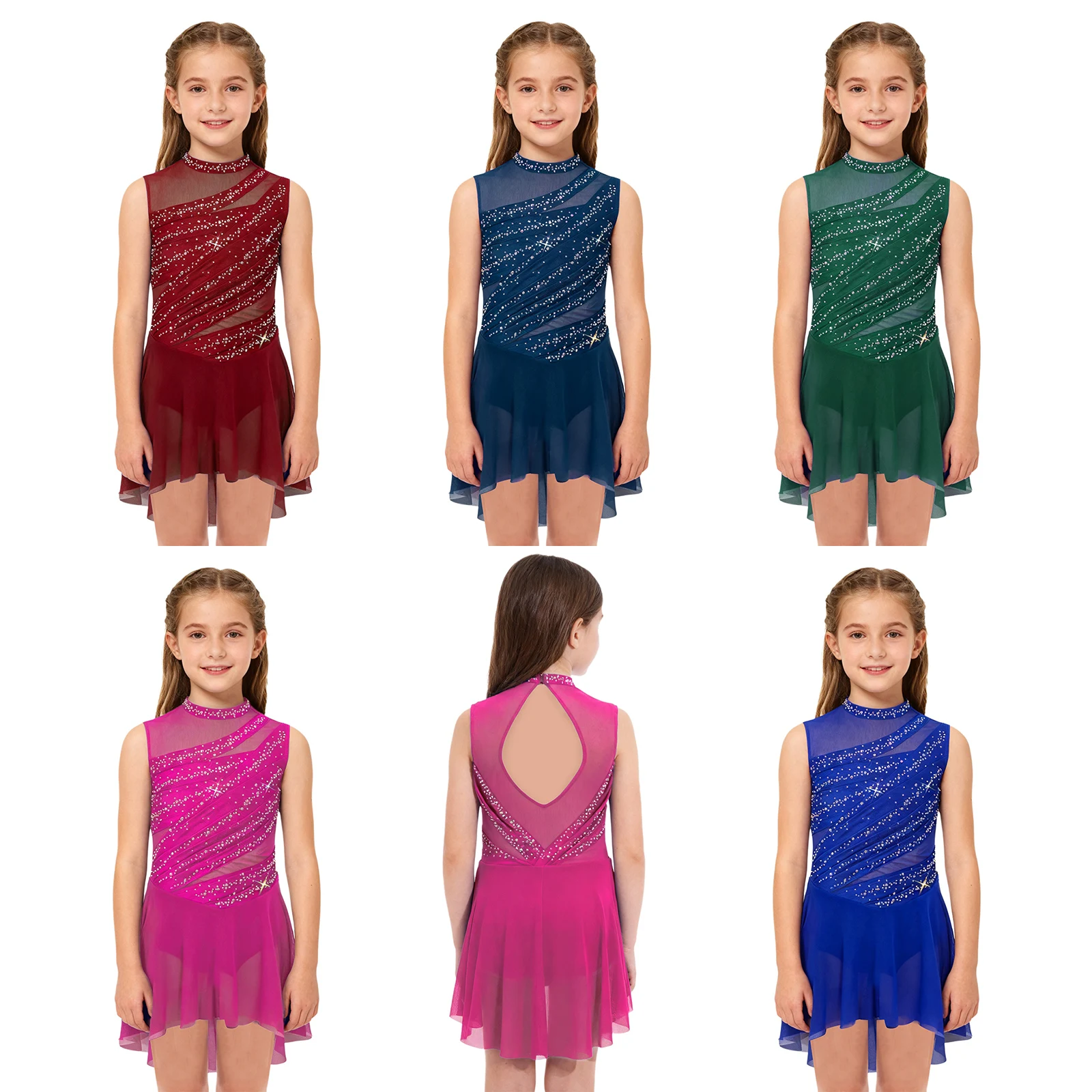 Mädchen Gymnastik-Ballett-Trikot Lyrisches Tanz-Performance-Kostüm Transparentes Netz Gerafftes Glänzendes Strass-Eiskunstlaufkleid – Detail 2