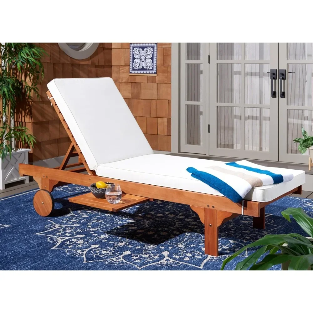 NEW-Outdoor Collection Newport Natural/ Beige Cushion Built-in Side Table Adjustable Chaise Lounge Chair