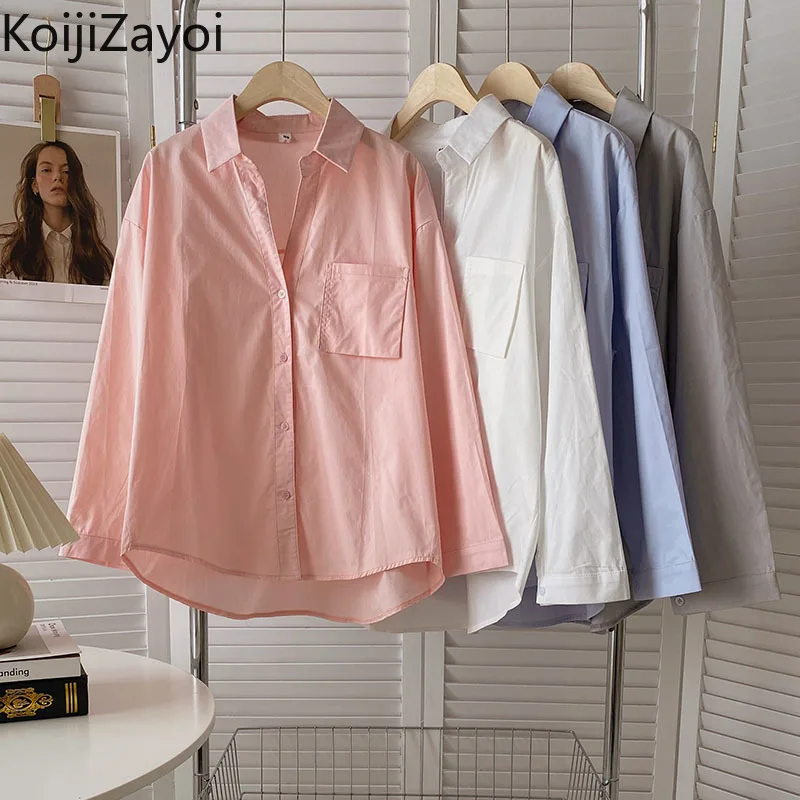 

Koijizayoi Women Spring Autumn Solid Shirt Office Lady Fashion Loose Blouse Single Breasted Pocket Tops 2022 New Basic Blusas