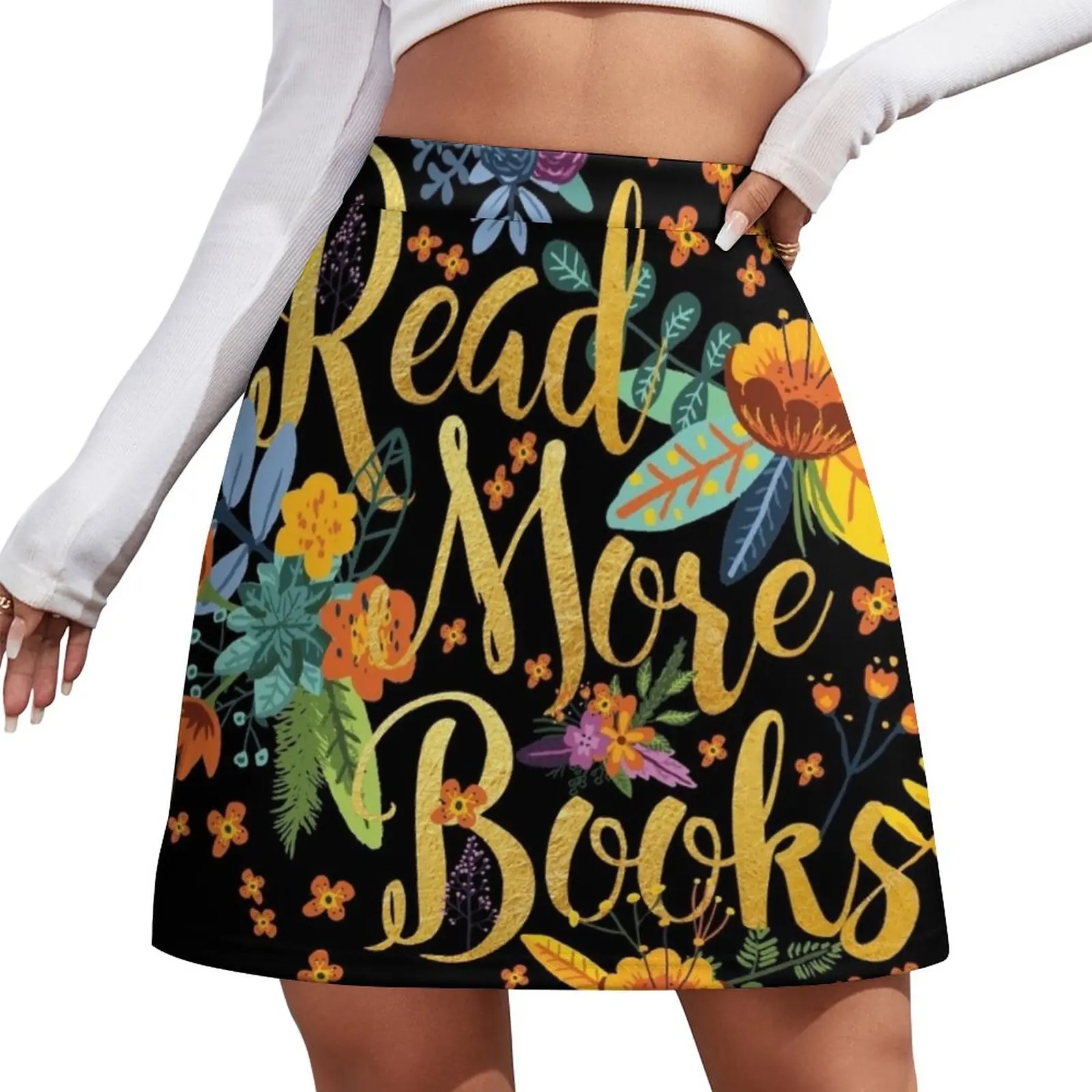 Read More Books - Floral Gold - Black Mini Skirt kawaii skirt midi skirt for women Women's summer skirt