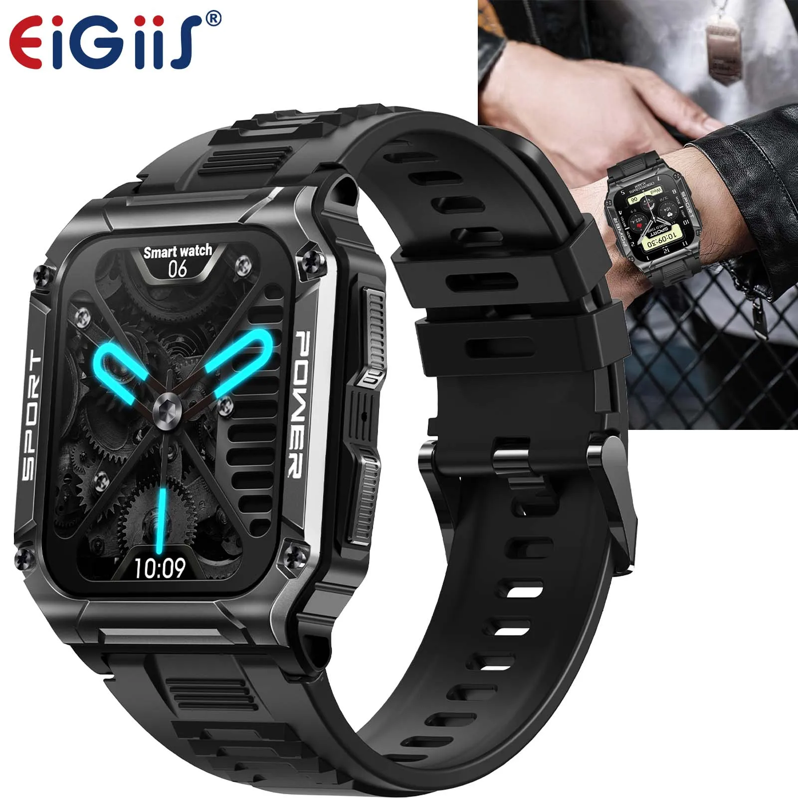 

EIGIIS Men Smart Watch Military Outdoor Sports Watch With Compass Heart Rate Blood Pressure Oxygen Saturation 1.95" TFT IP68 NX6
