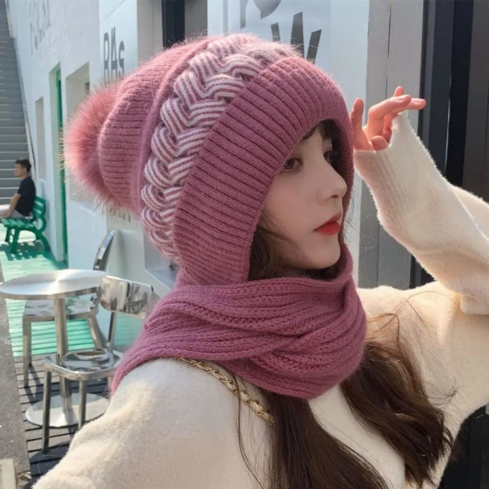 Winter Windproof Integrated Cap Scarf Knitted Thickening Ear Protection Cap Soft Warm Beanie Hat Scarf Women