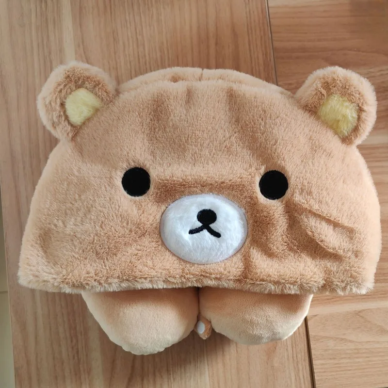 Rilakkuma Cute Plush Toy Doll Travel Hooded U-Shaped Neck Pillow Soft Neck Support Pillow For Plane/Cars/Office Napping Pillow
