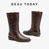 BEAUTODAY Mid-Calf Boots Women Genuine Cow Leather Sewing Design Square Toe Slip-on Retro Ladies Shoes Handmade 06130