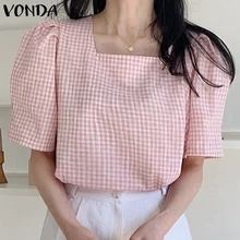 

VONDA 2022 Fashion Women Half Sleeve Street Pleated Blouse Tops Oversized Casual Square Collar Chemise Chic Plaid Blusas Shirts