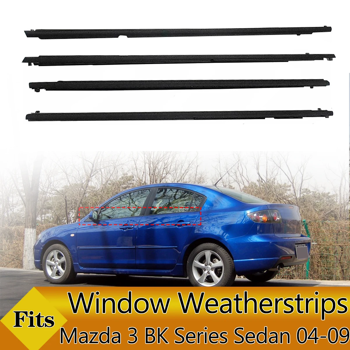 Car Outer Windows Rubber Weatherstrip Waterproof Pressure Strip Sealing Belt Moulding Trim for Mazda 3 BK sedan 04-09 4PCS