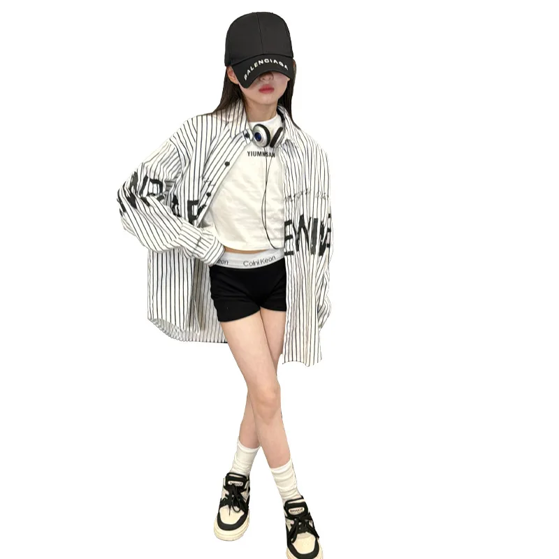 여아용 줄무늬 셔츠, 얇은 가디건, 루즈 레터 셔츠, 용수철 및 가을 패션, 중학생 및 어린이 패션 탑, 2024 신상