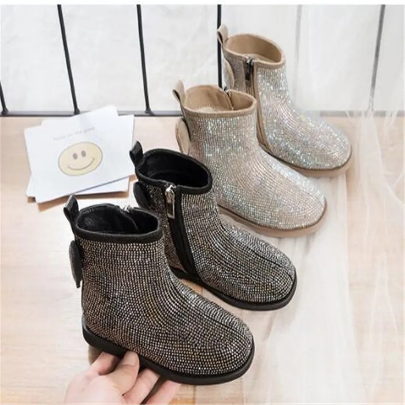 

2023Girls Rhinestone Cystal Boots Short Sparkle Glitter Shiny Shoes Party Khaki Shoes for Winter Christmas New Years Gift Shoes