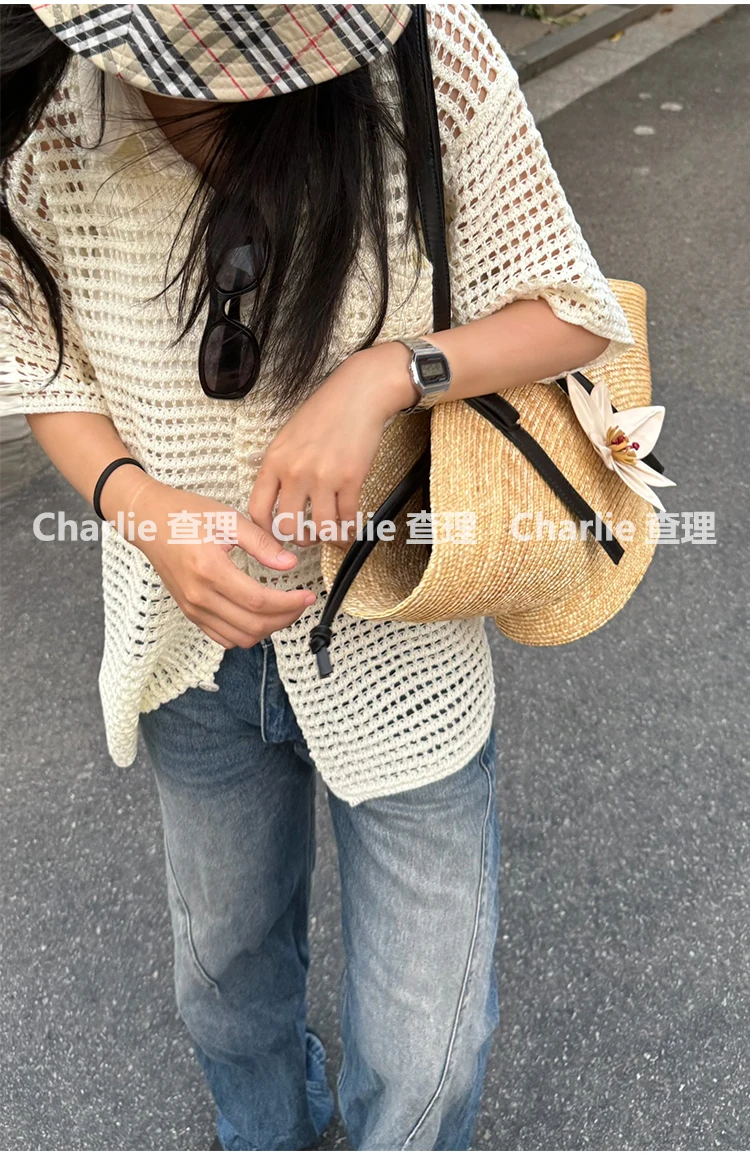 Straw Woven Handbags For Women Handmade Travel Seaside Beach Bag Summer New Handle Bucket Bag Shopping Tote Bag Basket Bolsa