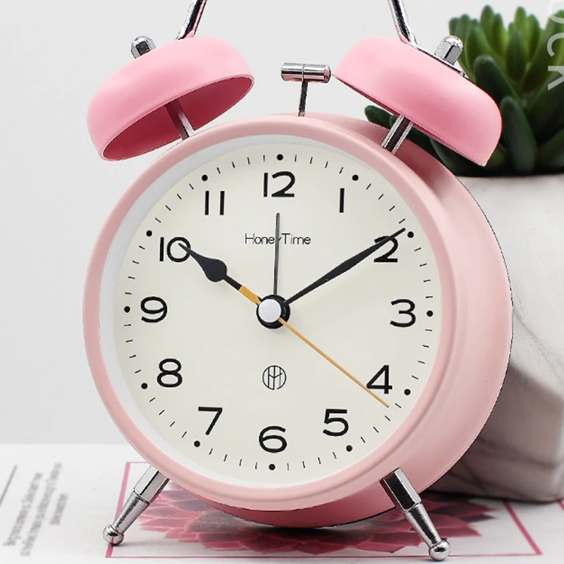 

Cartoon Metal Bell Alarm Clock Student Supplies Pointer Bedside Silent Sweep Second Cute Night Light Table Clock Desk Decoration