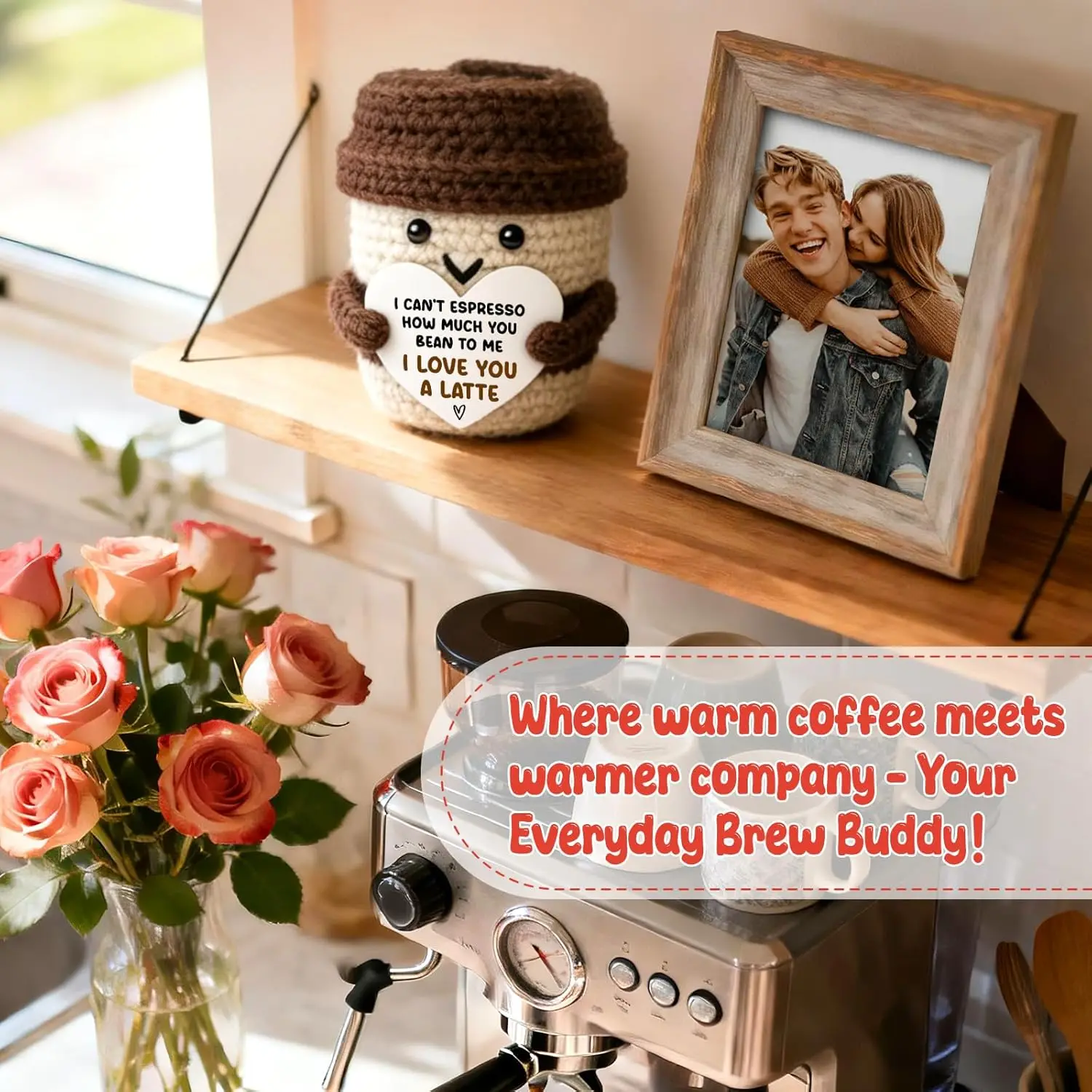 Positive Coffee Cup Crochet Doll with Encouragement Card