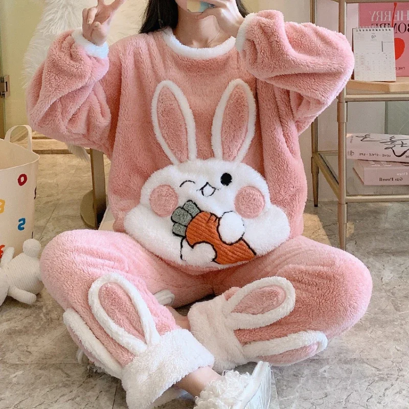 

Autumn Sweet Princess Pajamas Set Women Cute Bunny Coral Fleece Warm Sleepwear Home Clothes Girls Kawaii Cartoon Pijama 2 Piece