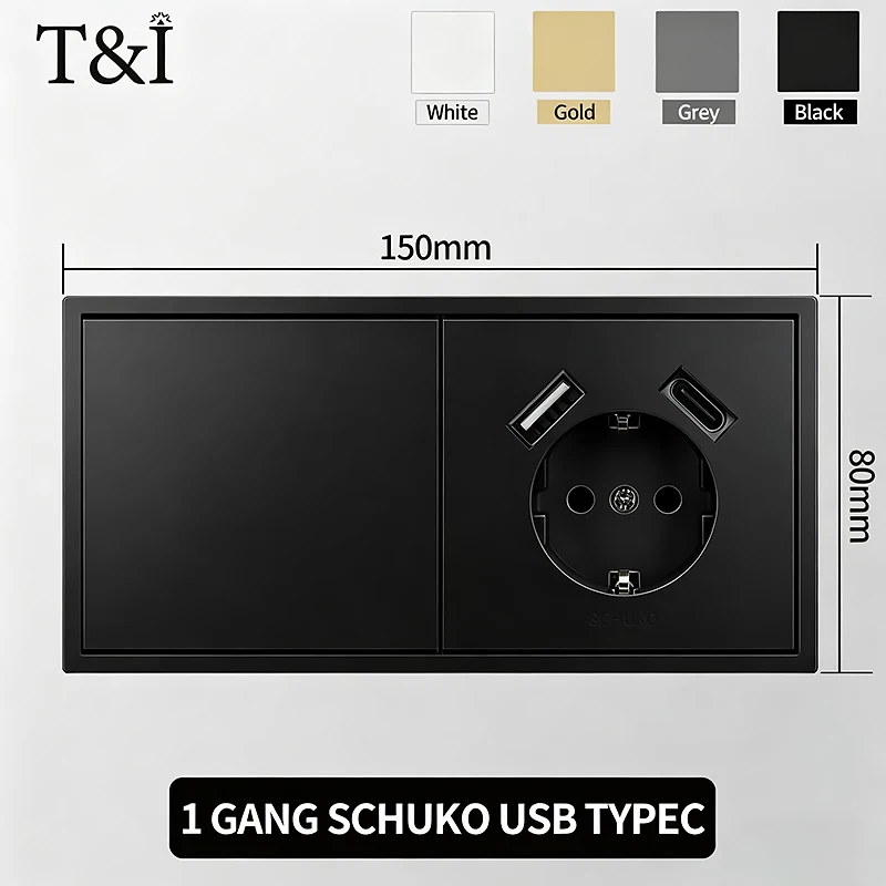 EU Power Socket with Built-in USB-C Fast Charging and Light Switch - Flush Mount Black Plate