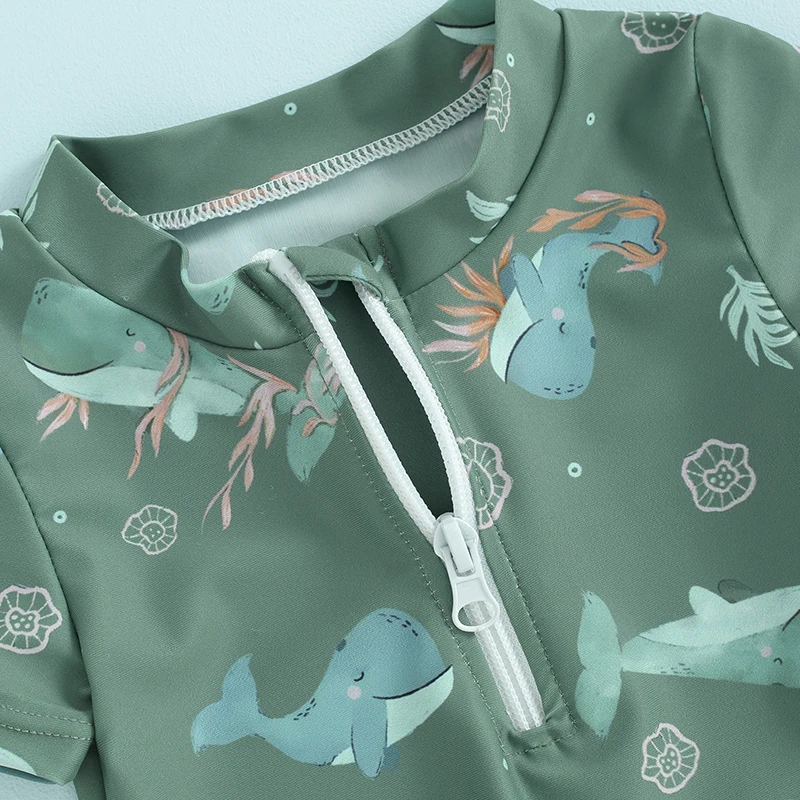 Cartoon Baby Boys Swimwear Beach Wear Cute Marine Life Print Short Sleeve Swimsuits Front Zipper Bathing Suits For Kids Infant