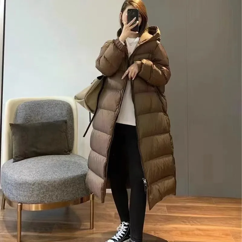 

2023 Autumn/Winter White Goose Down Silhouette Down Coat Women's Winter Mid length Over Knee Fashion Casual Hooded Coat