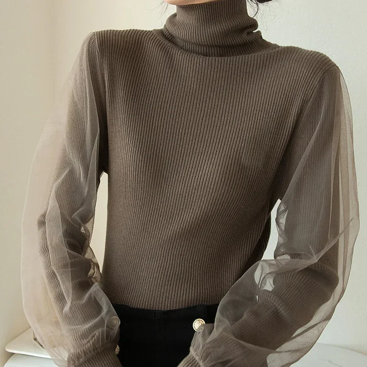 

2024 Fall Winter New Long Sleeve Turtleneck Female Sweater Knitted Tops Women Korean Lace Mesh Patchwork Indie Pullover Knitwear