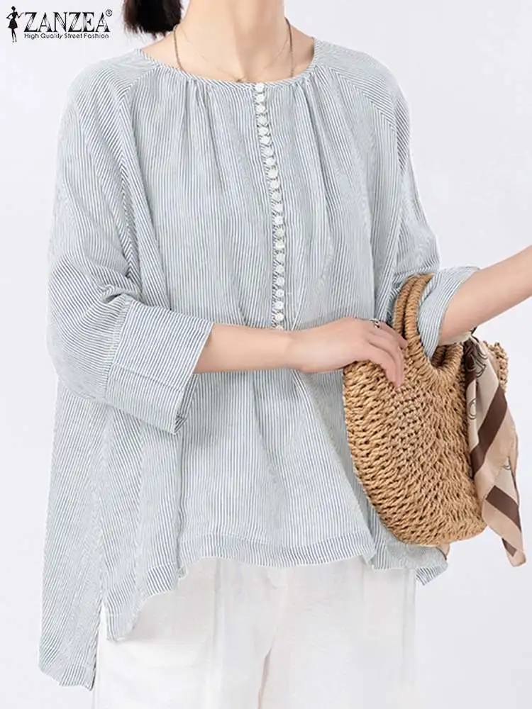 

ZANZEA Fashion Loose Stripe Blouse Women Autumn Tops 3/4 Sleeve O Neck Work Shirt Casual Button Irregular Hem Blusas Tunic Mujer