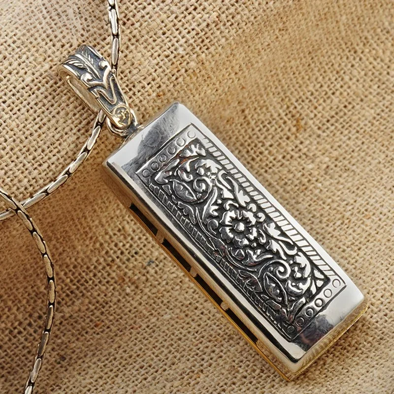 

Новинка Изысканная винтажная резная гармоника из стерлингового серебра S925 кулон можно играть в подарок для мужчин Бесплатная доставка