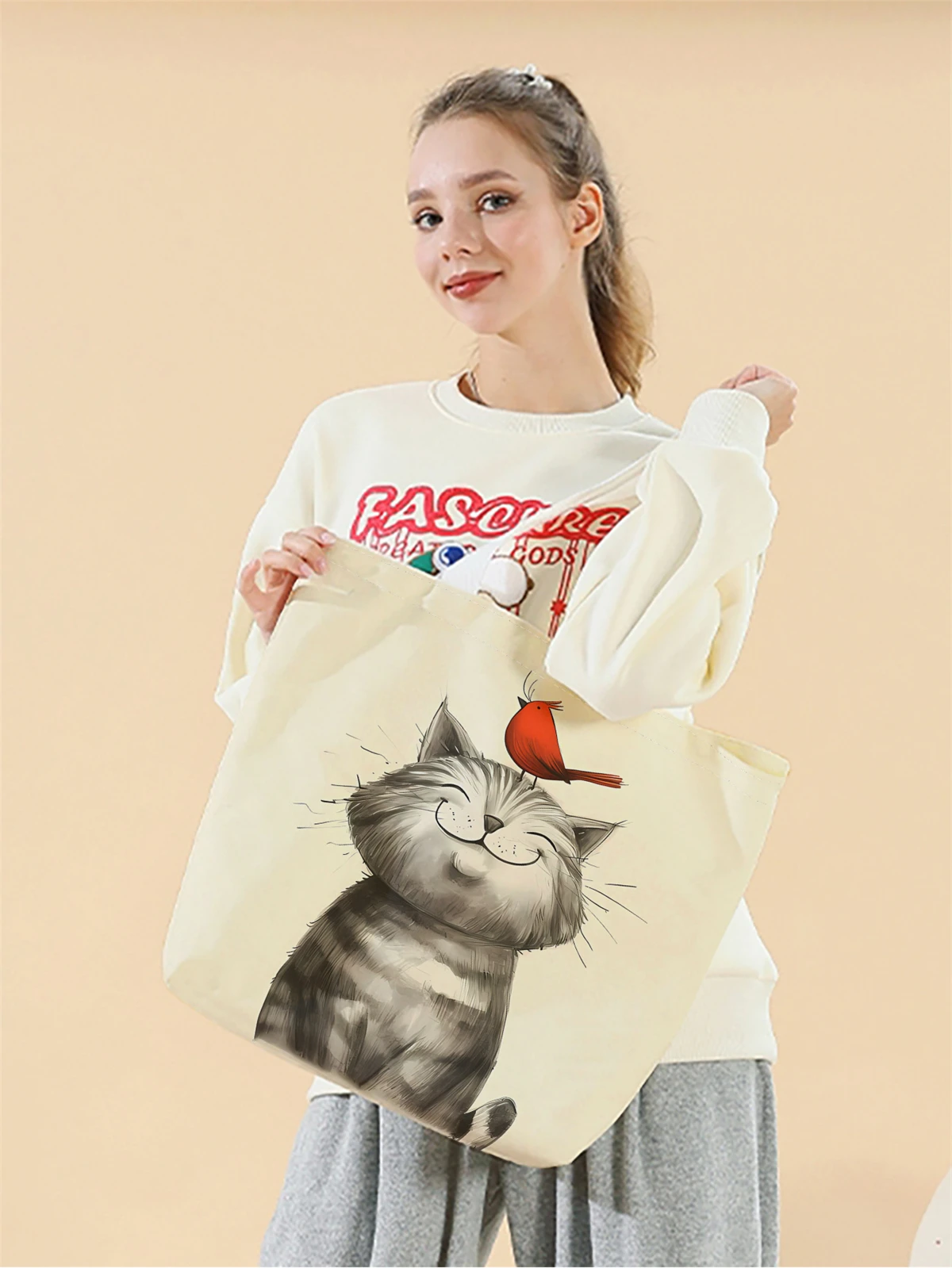 1pc, lazy style cat handbag, reusable fashionable handbag, multifunctional handbag, printed canvas shopping bag