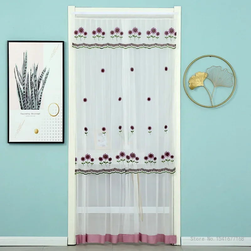 Punch-Free Mosquito Screen Door Curtain, Breathable Bedroom Partition Curtain, Double Layer Lace Embroidered Door Curtain, 1Pc