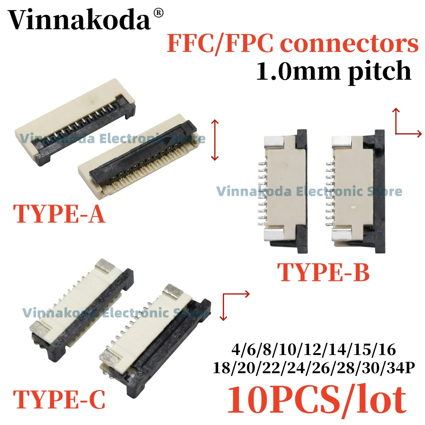 10Pcs FFC/FPC 커넥터 소켓 1.0mm 플립 커버/위/아래 연결 4/6/8/10/12/14/15/16/18/20/22/24/26/28/30/32P