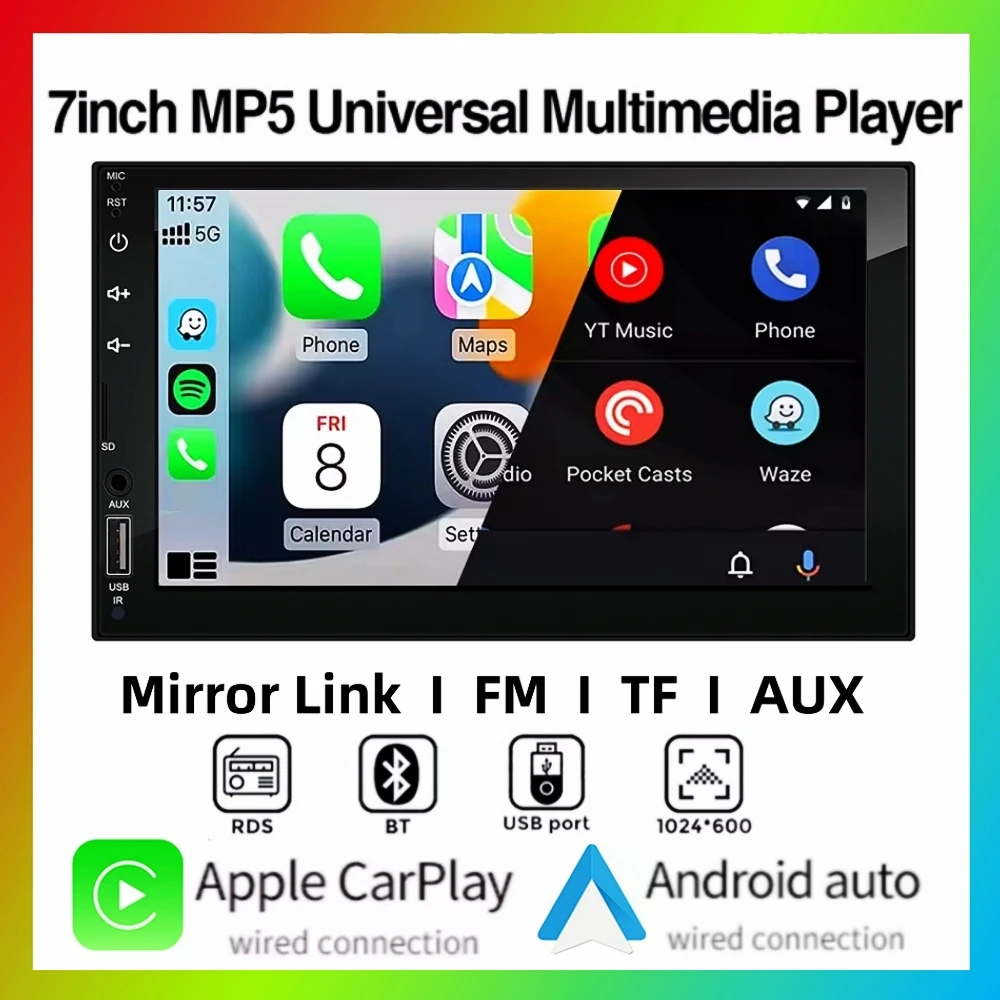Reproductor de vídeo MP5 Multimedia para coche 2DIN de 7 pulgadas con cable CarPlay Android Auto Mirrorlink pantalla táctil FM AUX Bluetooth USB carga rápida 1