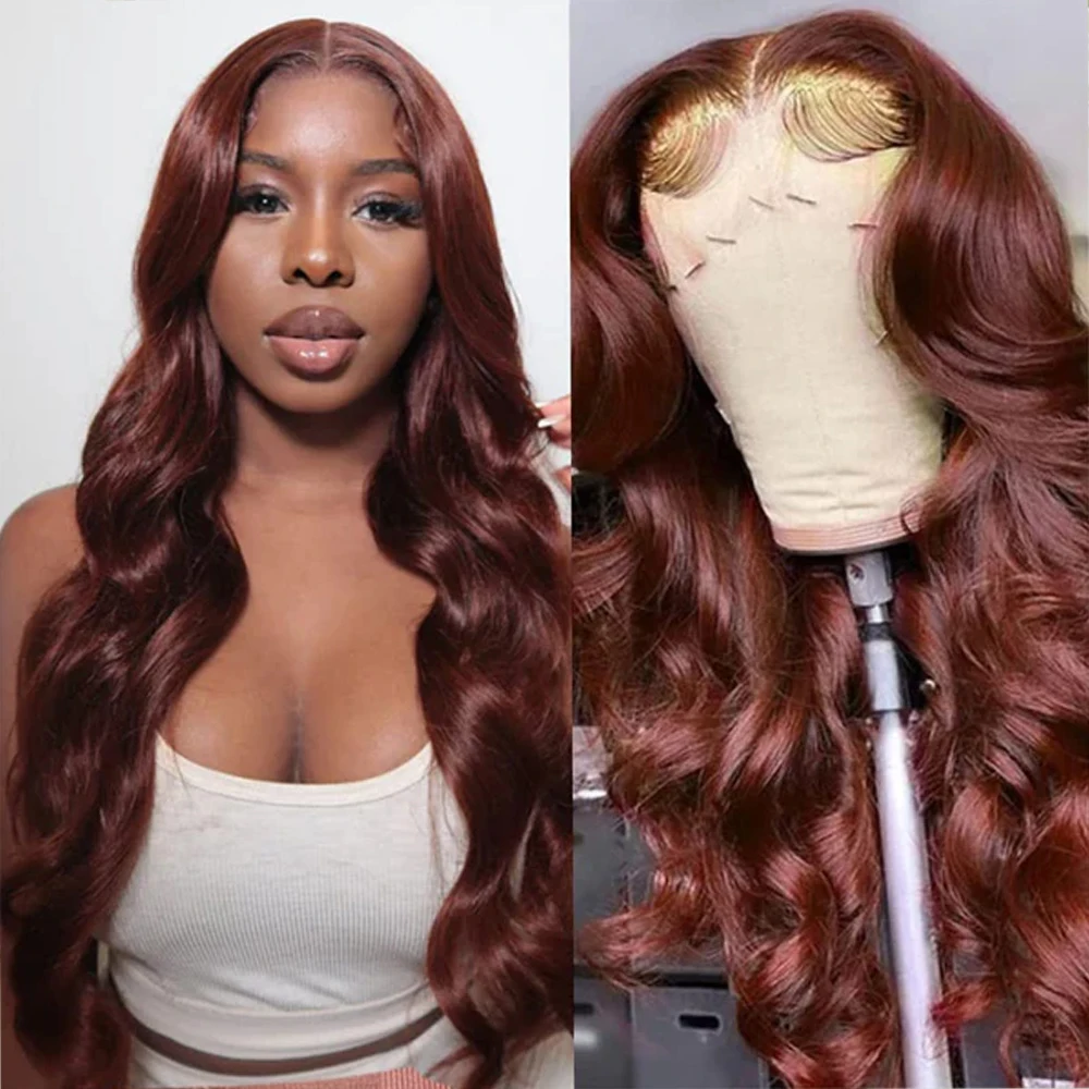 

Auburn Copper Body Wave Synthetic Lace Front Wigs With Baby Hair For Women Dark Red Brown Lace Wig For Wedding Daily Cosplay