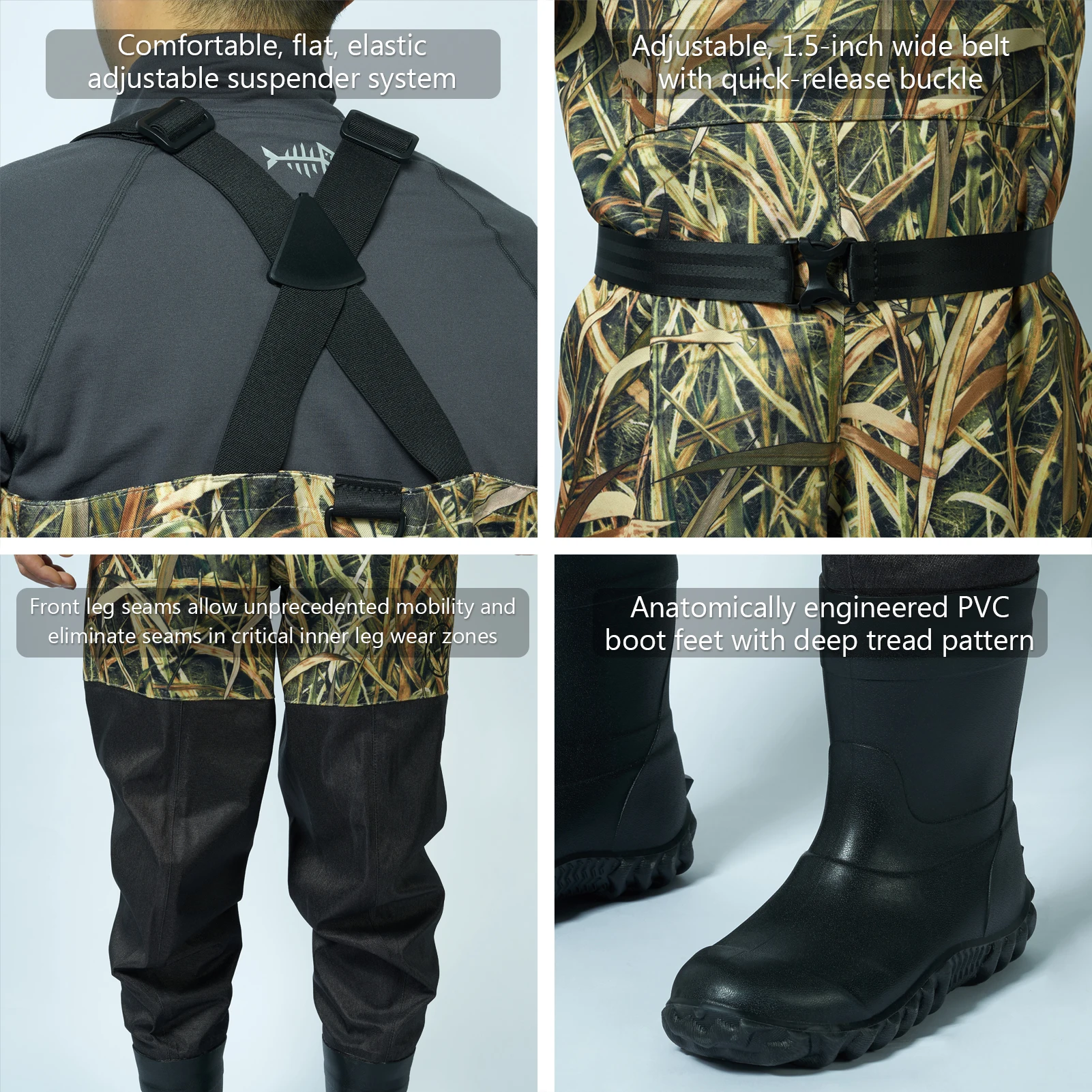 BASSDASH Men Women Boot Foot Waders Breathable Lightweight Fishing Hunting Mossy Wood Reeds Printing Long Trousers With Boot