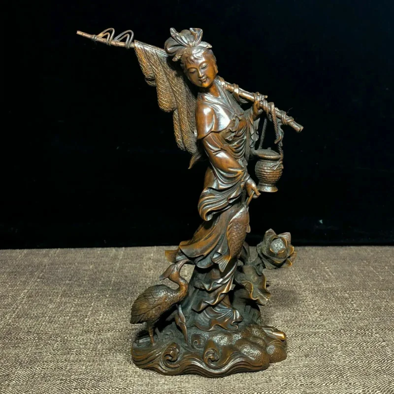 

Chinese Collectible Old Boxwood Carved Lotus & Fisher Maiden Ornament Statue