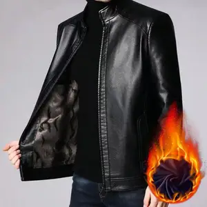 Men Faux Leather Coat Imitation Leather Jacket Mid-aged Men's Windproof Faux Leather Motorcycle Jacket with Plush Heat Retention