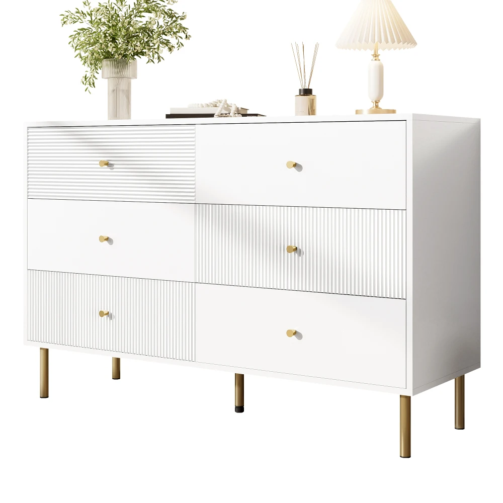PINGGO Weißes Modernes Sideboard mit 6 Schubladen Goldene Akzente Elegantes MDF & Stahl-Möbelstück für Schlafzimmer Wohnzimmer Eingangsbereiche – Detail 13