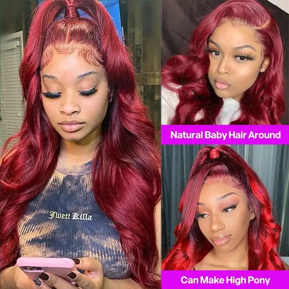 13X4 99J Burgundy Lace Front Wig Human Hair 30Inch Body Wave Red Colored Wig Lace Frontal Human Hair Women Lace Front Wig