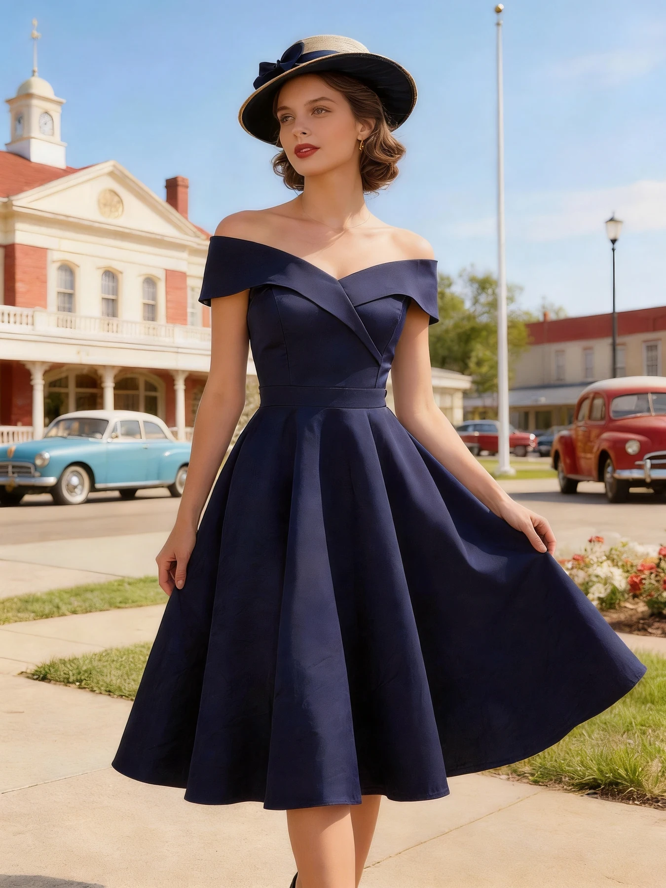 Tonval Vintage Off the Shoulder Party Sexy Evening Birthday Dresses Prom Elegant Women Fit and Flare Cotton Dress