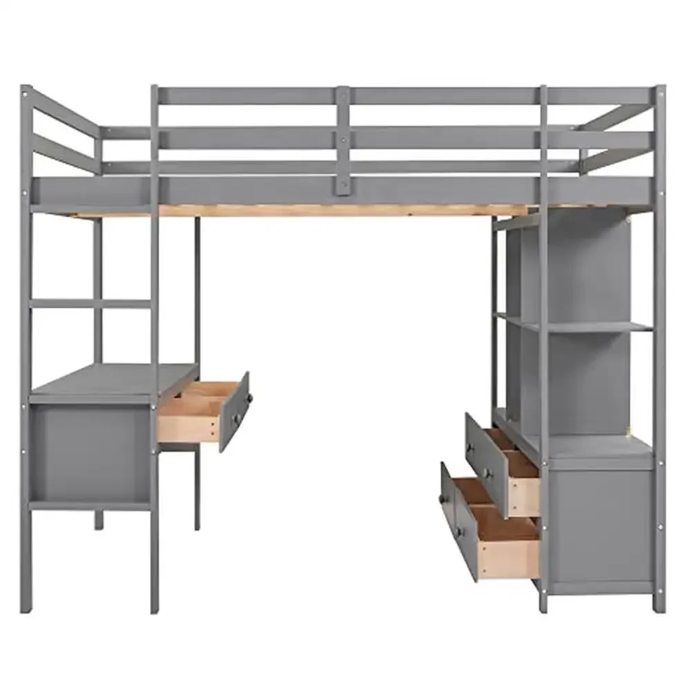 Full Size Loft Bed with Desk Storage Drawers Shelves Multifunctional High Loft Beds Kids Crafted Pine Wood Ladder Classic Design
