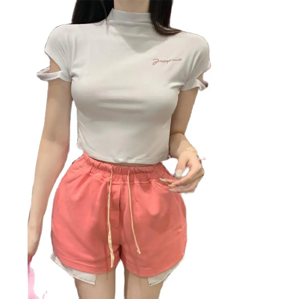 

Tight Elastic Tops Sexy Knit T-shirt Short Sleeves Stand Collar Embroidery Loose Short Pants Two Pieces Women Set Elastic Waist