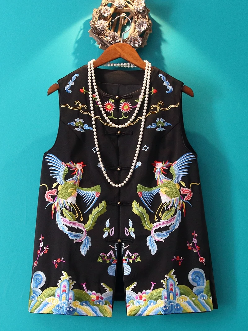 

Benefits! Phoenix Embroidery Retro National Style Waistcoat Buckle Mid-Length Black Imitation Acetate New Chinese
