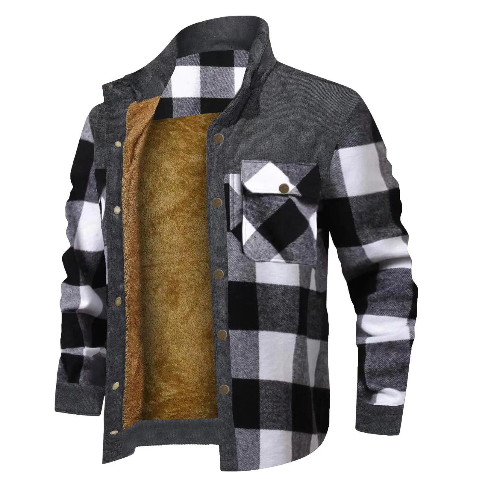 Fall Winter Men's Plaid Print Casual Jackets Fashion Vintage Long Sleeve Stand Collar Single Breasted Warm Fleece Lined Outwears 6