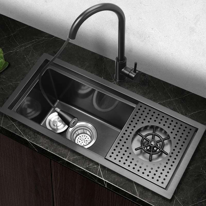 

Nano Black 304 Stainless Steel Kitchen Sink Topmount Large Single Slot Single Bowl Wash Basin Drain Accessories Cup washer