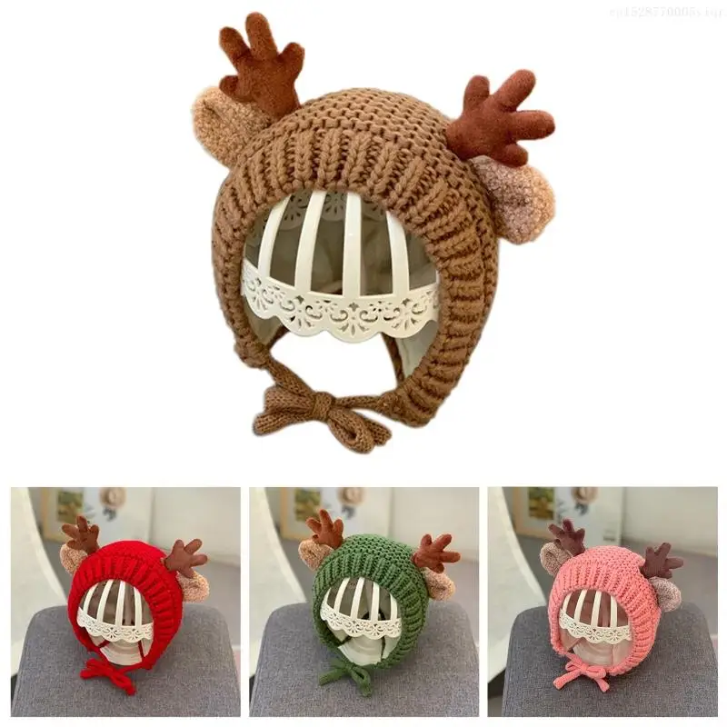 Beanie Hat Reindeer Antlers Ears Outdoor Earflap Trapper for Kids Baby F0S4