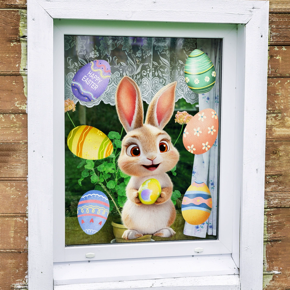 1sheet Easter Bunny Window Clings Cute Rabbit Egg Hunt Game Decoration Wall Sticker Glass Decals Easter Party Spring Home Decor
