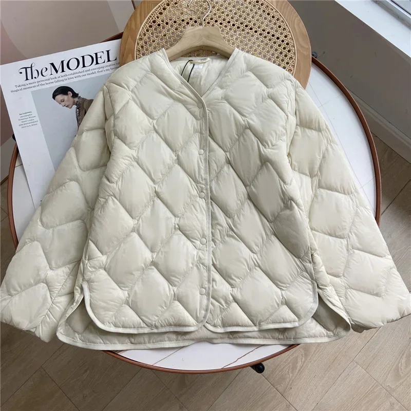 

Kmetram 2023 New Autumn Winter Ultra Light Collarless Soft Puffer Jacket Women Casual Loose Single Breasted 90% Duck Down Coat