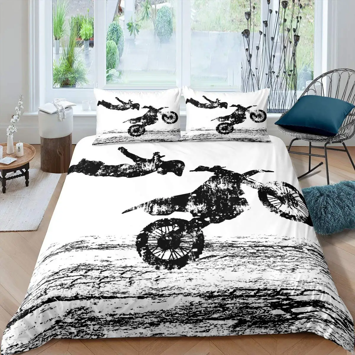 3D Cartoon Racing Motorcycle Print Duvet Cover Motocross Theme Quilt Cover for Kids Teen Boy Bedroom Duvet Cover with Pillowcase 3