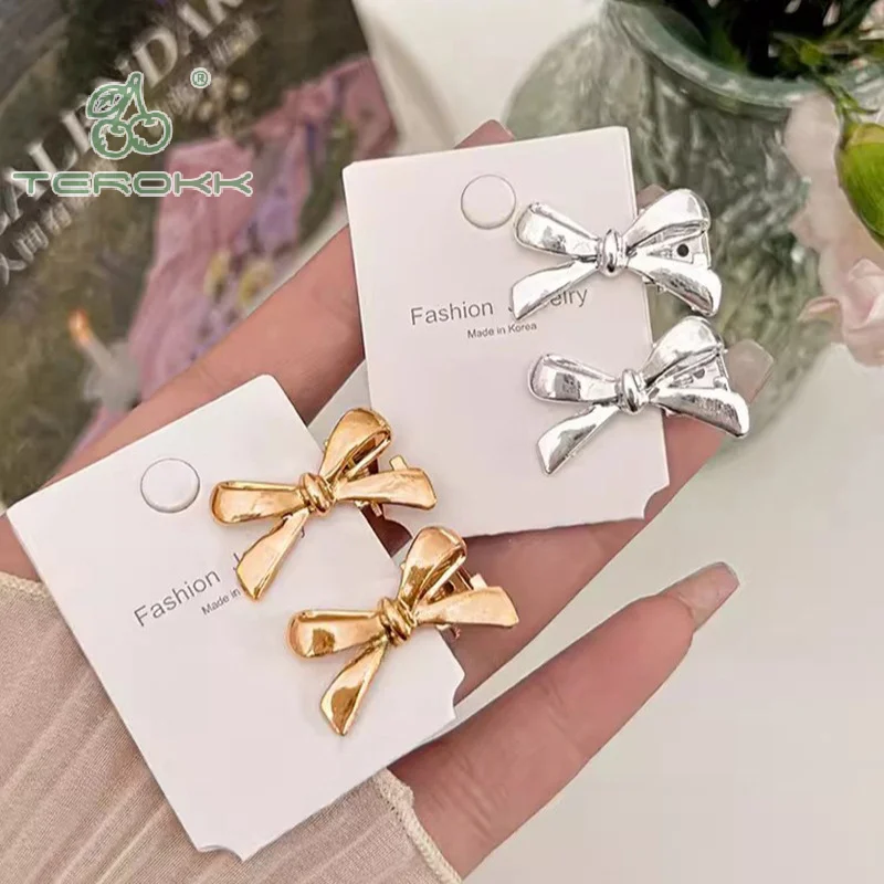 2Pcs Metal Ribbon Bow Hairpin Sweet Cool Girl Bangs Side Barrette Broken Hair Pin Bowknot Hair Clip Hair Accessories