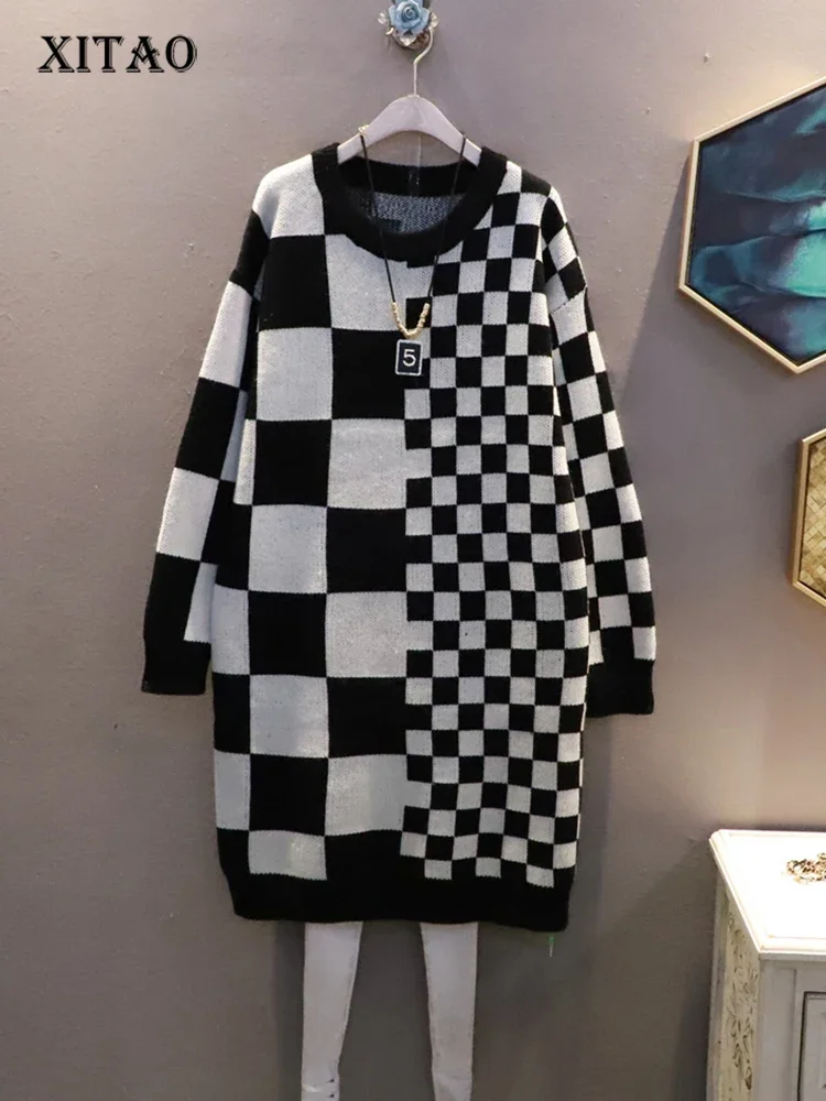 

XITAO Contrast Color Knitting Dress Loose Fashion Casual Women Simplicity O-neck Pullover Sweater Dress Winter New FBB1285